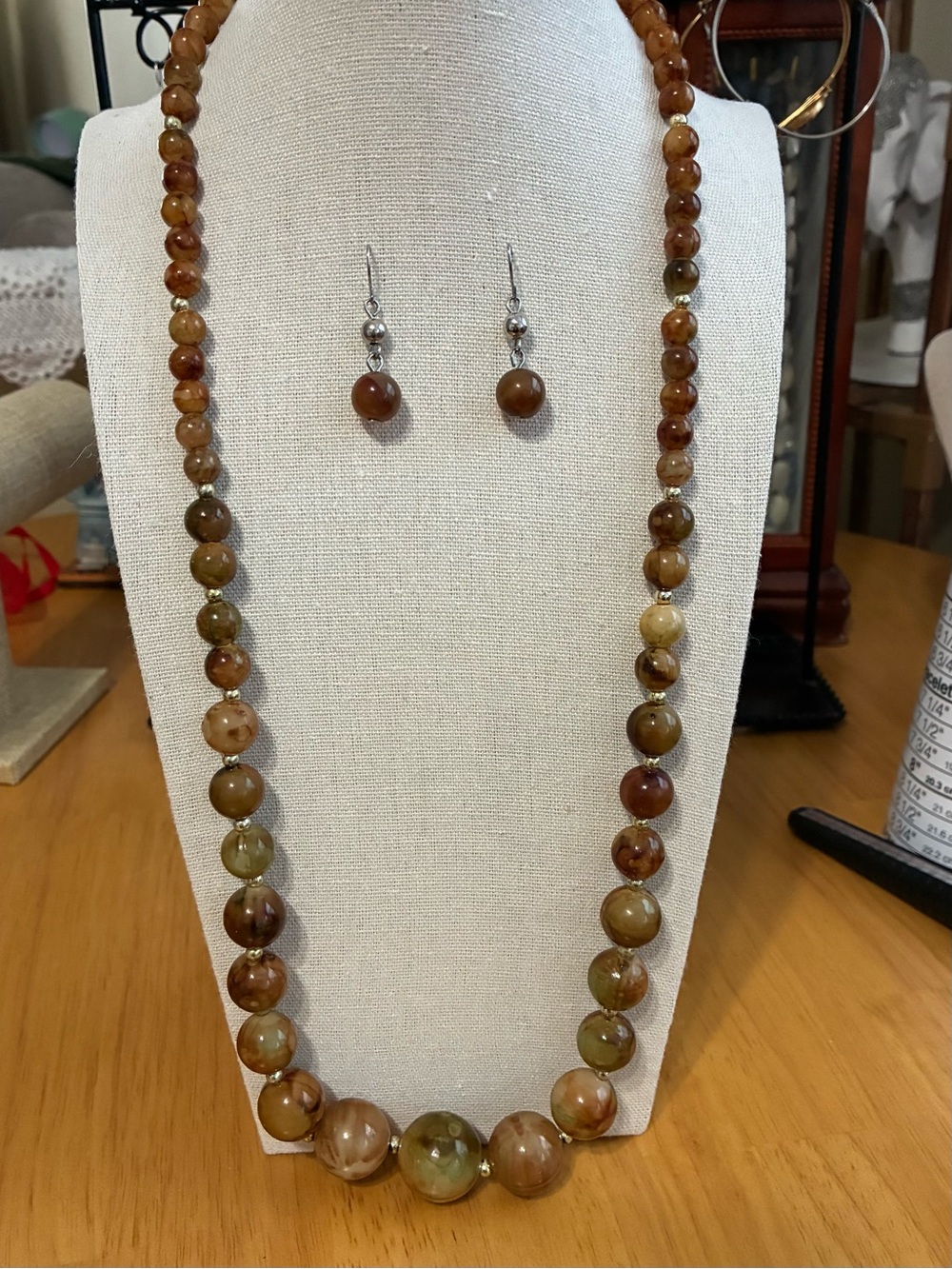 Polished Brown and Green Agate Bead Set of Necklace and Earrings-Women Jewelry.